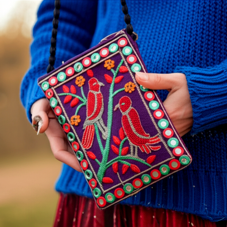 Handmade Cotton Mirror Hand Bag with Birds Design